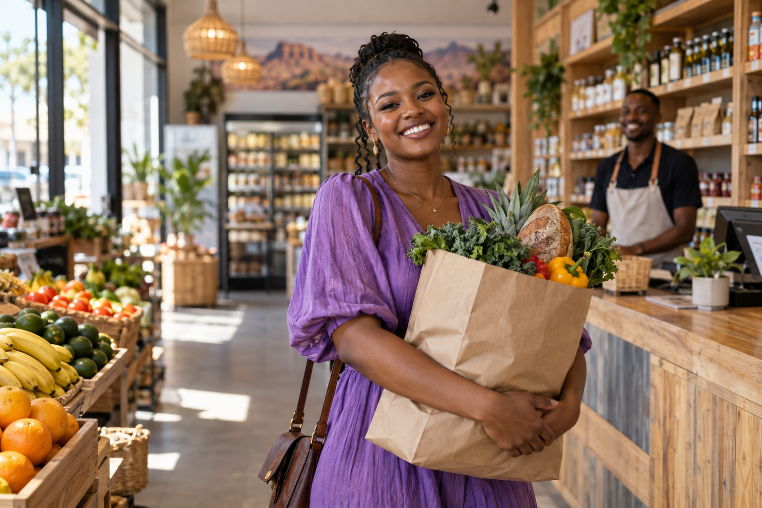 A shopper holding fresh groceries at a local store
